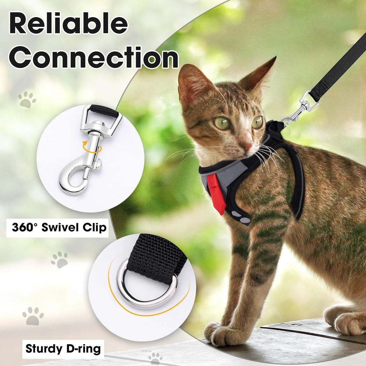 360-degree swivel clip and D-ring on cat leash