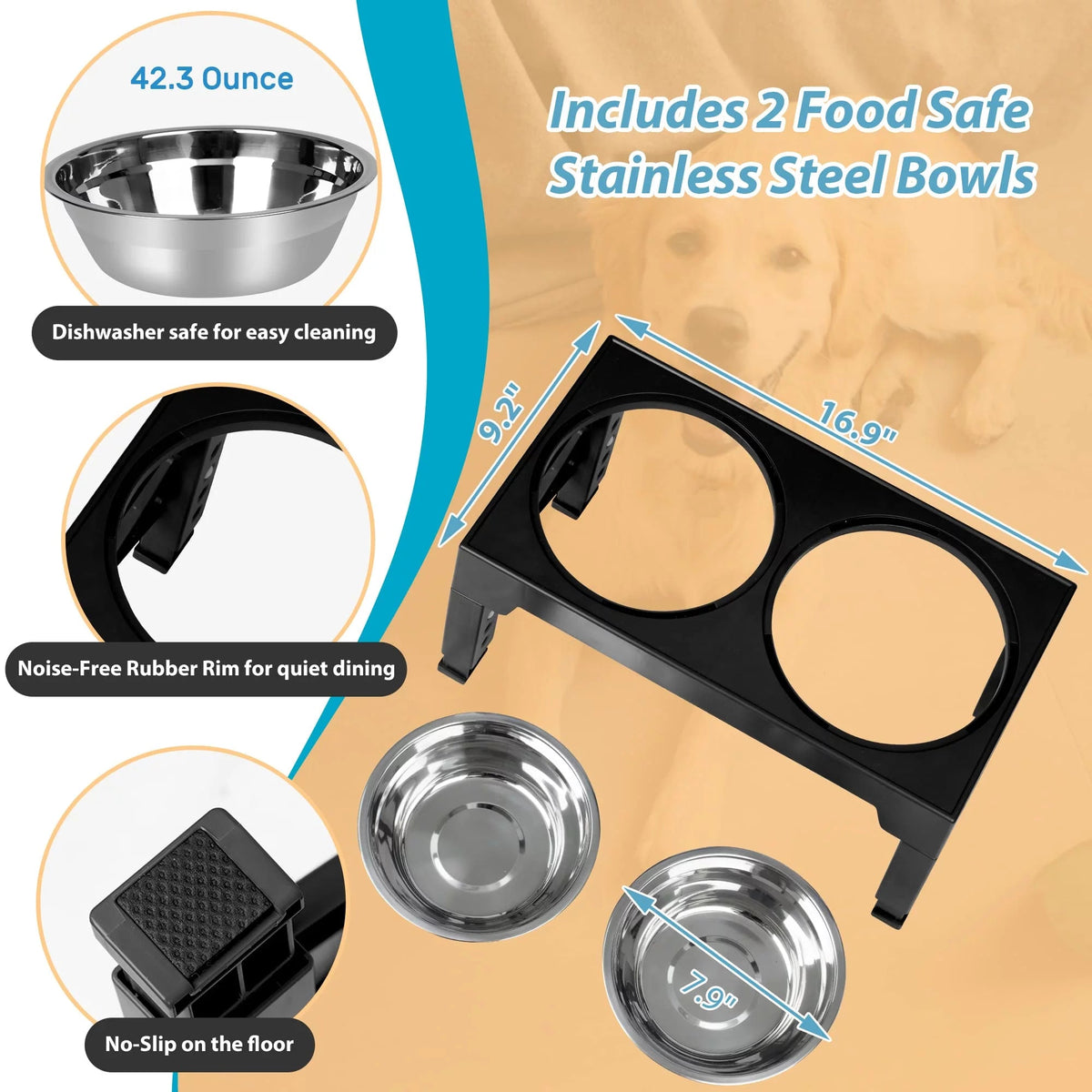 Adjustable Elevated Dog Bowl Stand with Steel Dishes