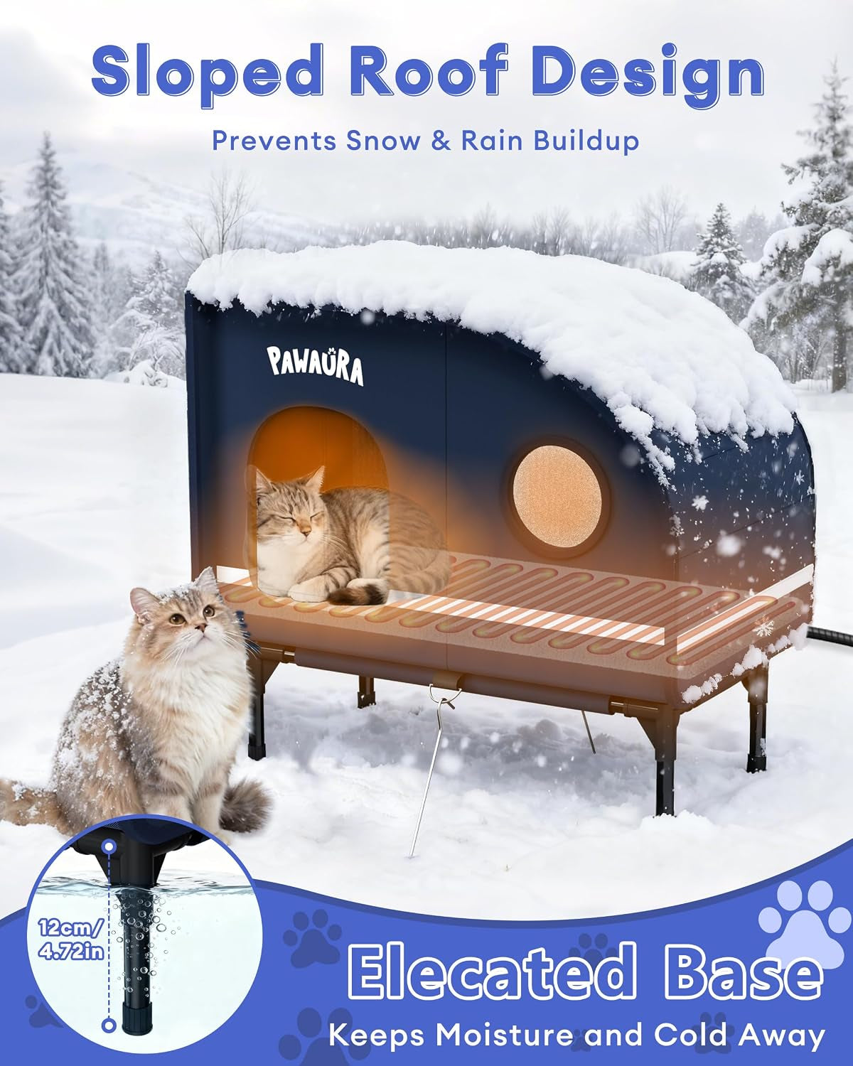 Sloped roof and elevated base of heated cat house in snow
