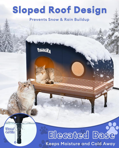 Sloped roof and elevated base of heated cat house in snow