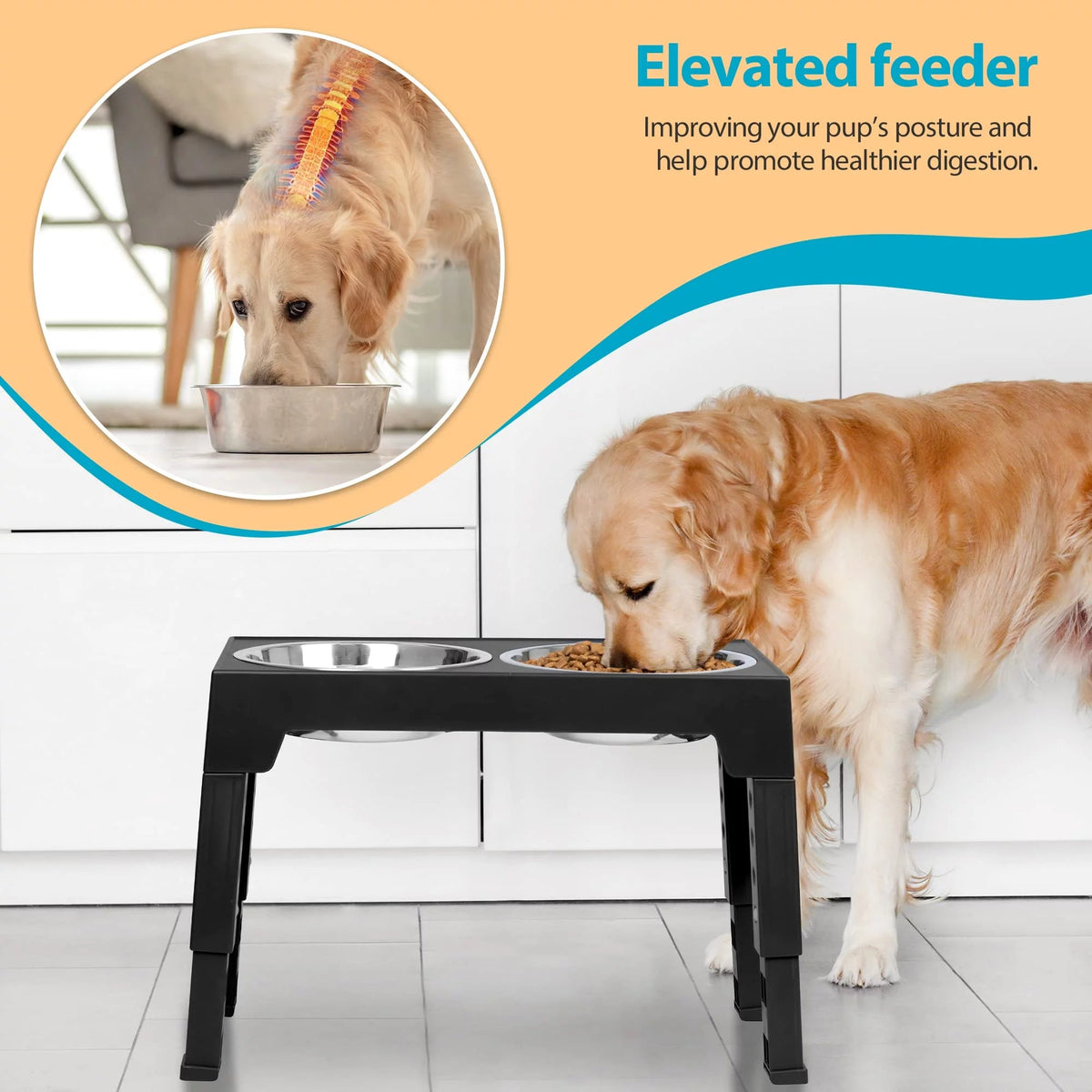 Adjustable Elevated Dog Bowl Stand with Steel Dishes