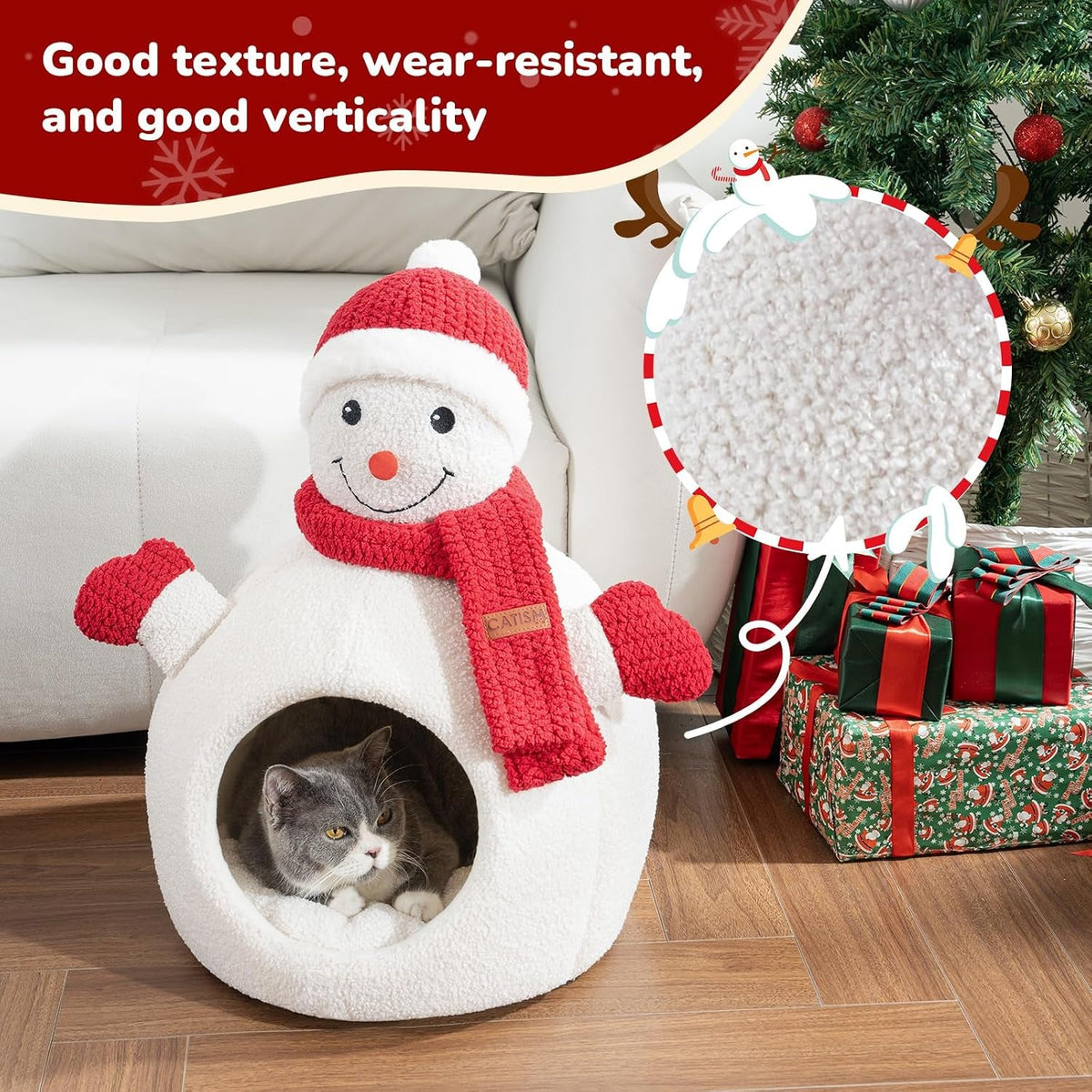 Close-up of soft plush texture on snowman cat bed