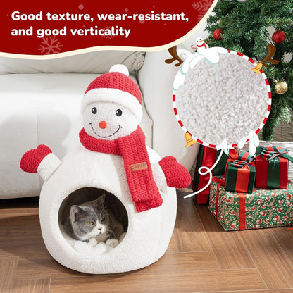 Close-up of soft plush texture on snowman cat bed