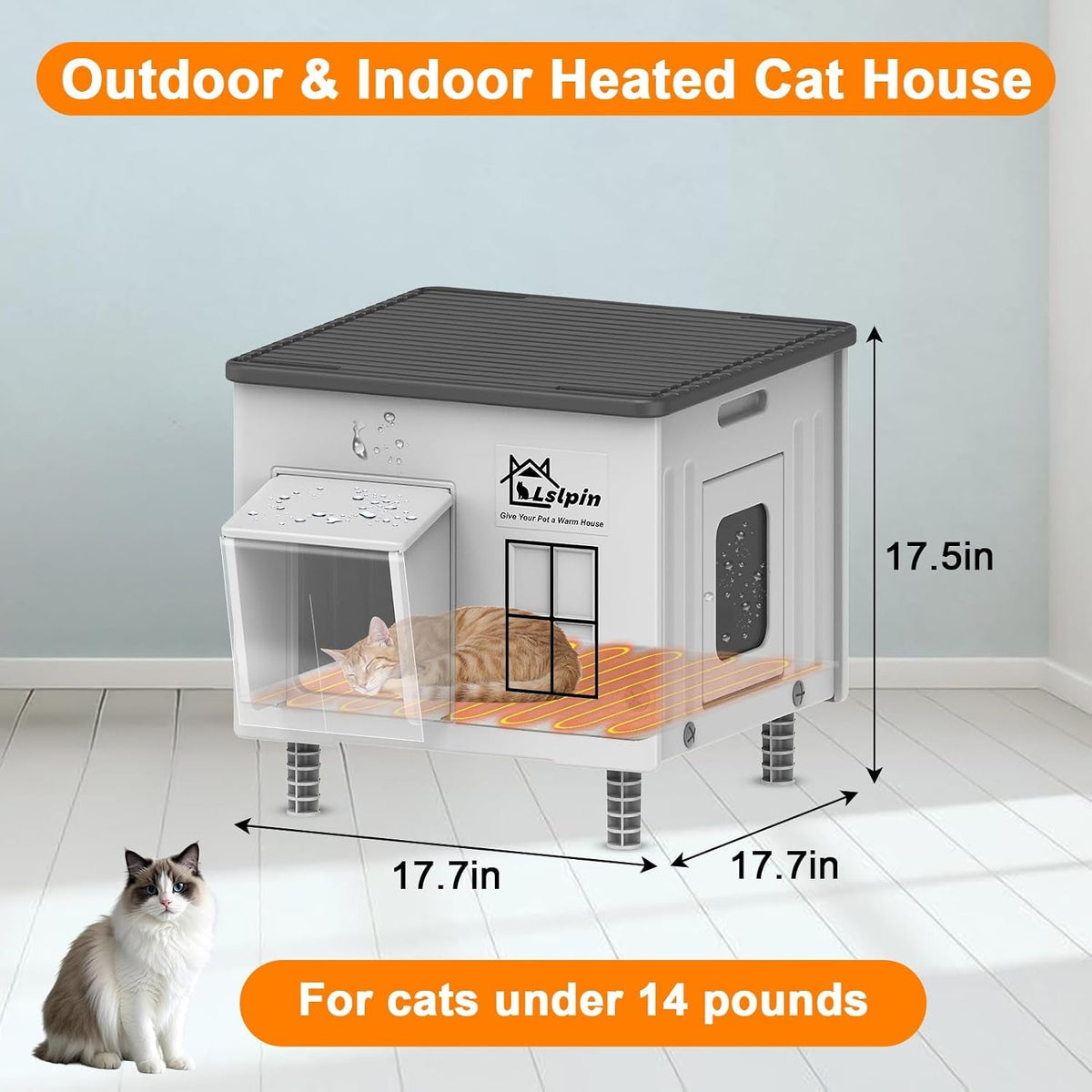 Dimensions of plastic heated cat house, 17.7 x 17.7 x 17.5 in
