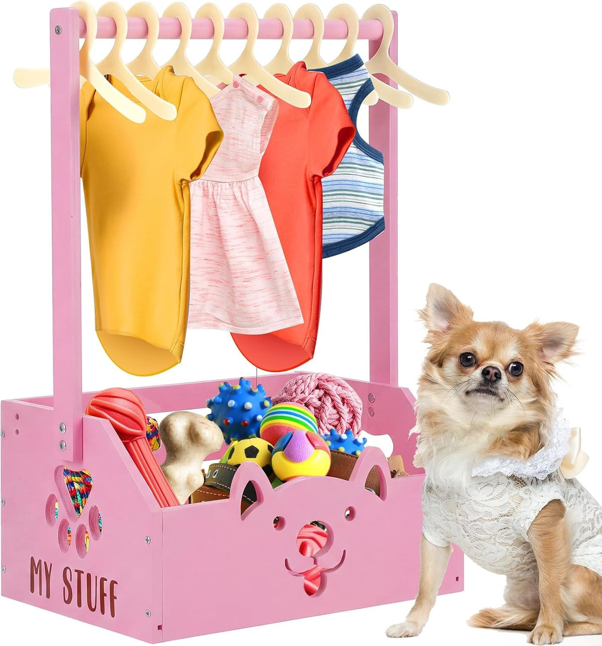 Wooden Dog Closet Organizer with Toy Bin, Pink and White