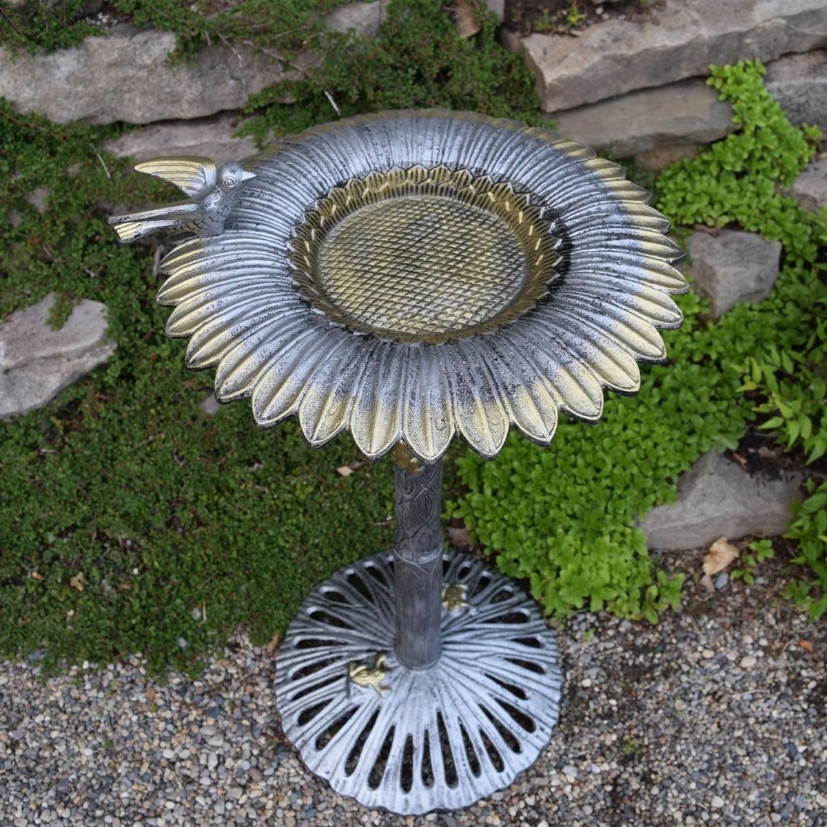 Cast Aluminum Sunflower Birdbath, Antique Pewter