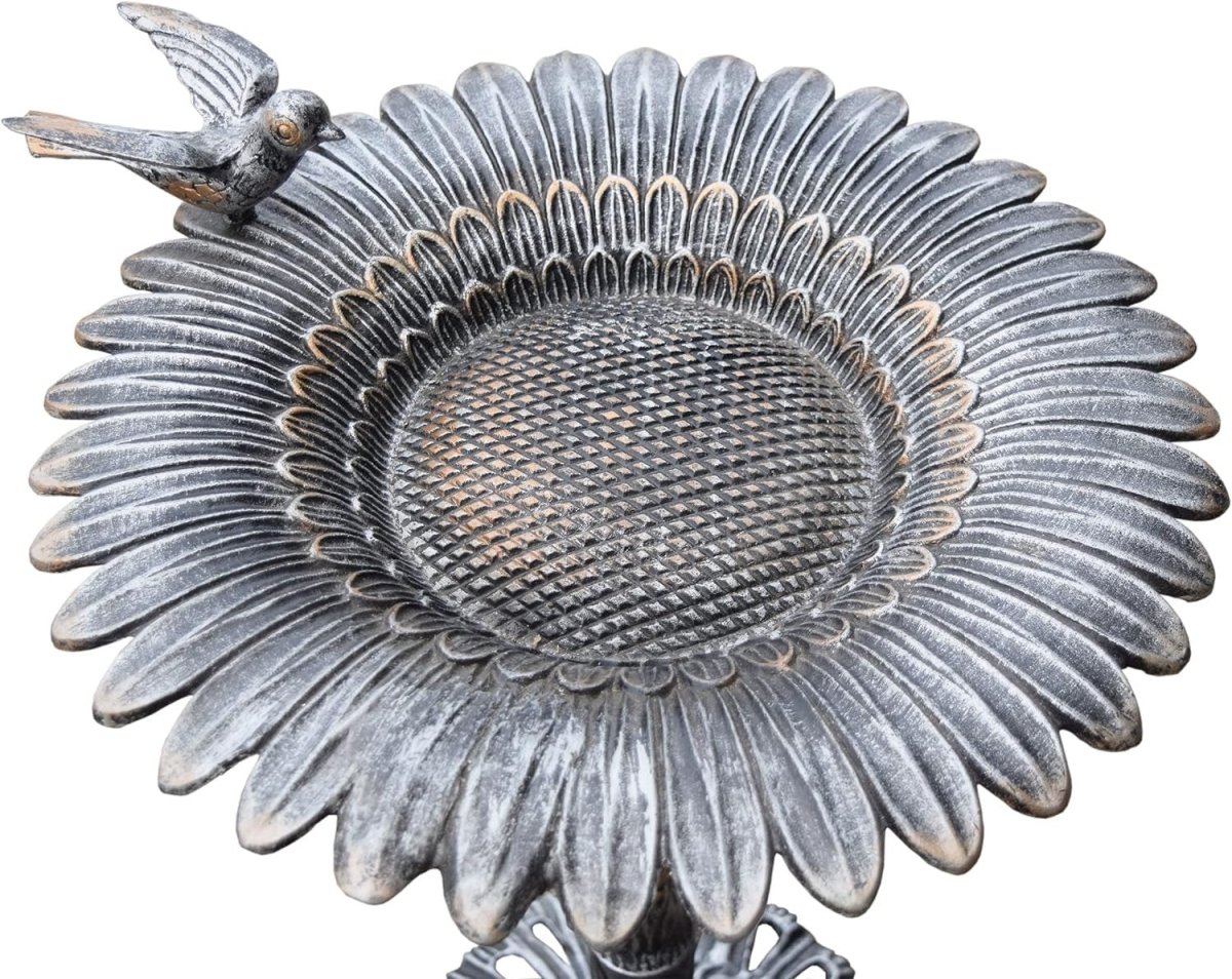 Cast Aluminum Sunflower Birdbath, Antique Pewter