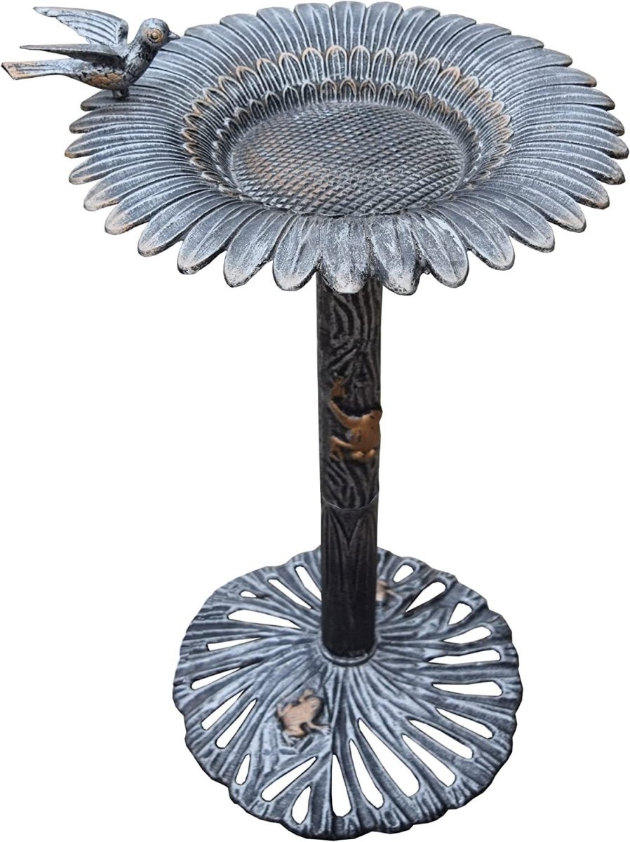 Cast Aluminum Sunflower Birdbath, Antique Pewter