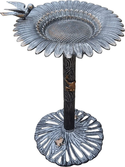 Cast Aluminum Sunflower Birdbath, Antique Pewter