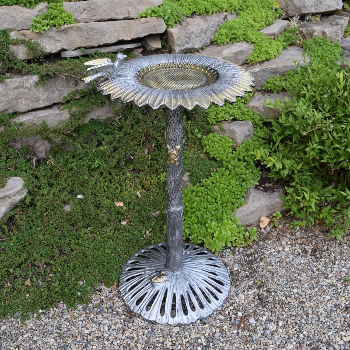 Cast Aluminum Sunflower Birdbath, Antique Pewter