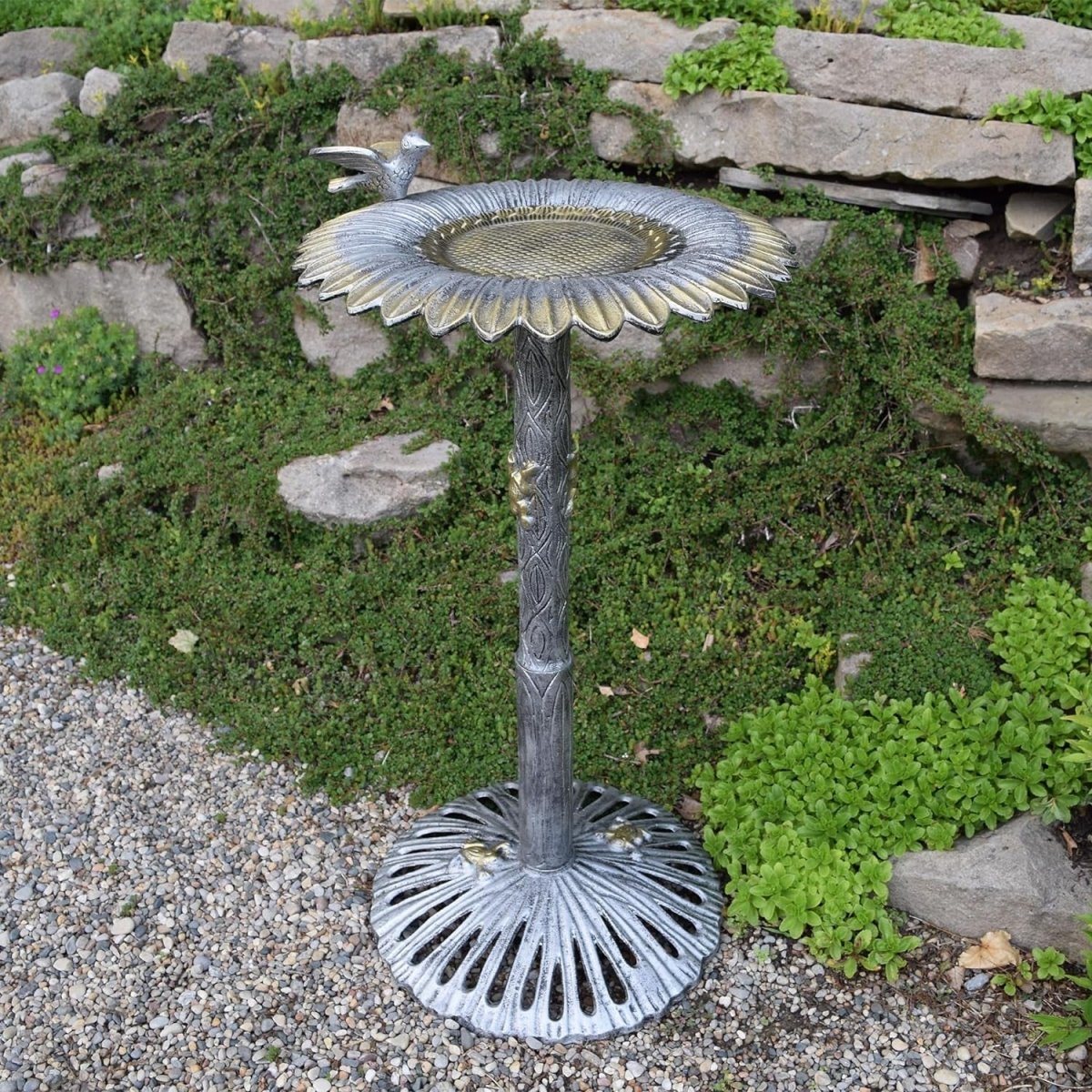 Cast Aluminum Sunflower Birdbath, Antique Pewter