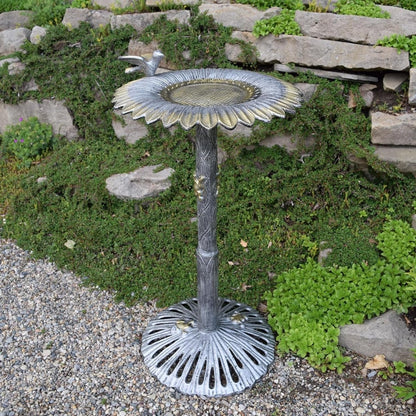 Cast Aluminum Sunflower Birdbath, Antique Pewter
