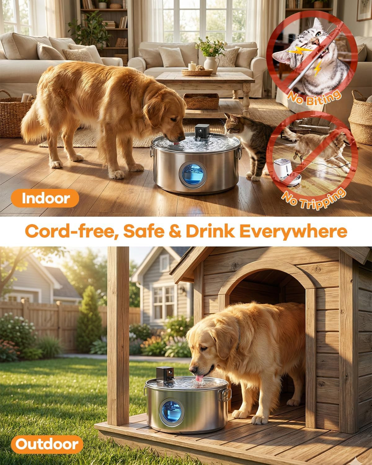 Wireless Stainless Steel Dog Fountain, 3.4 Gallon