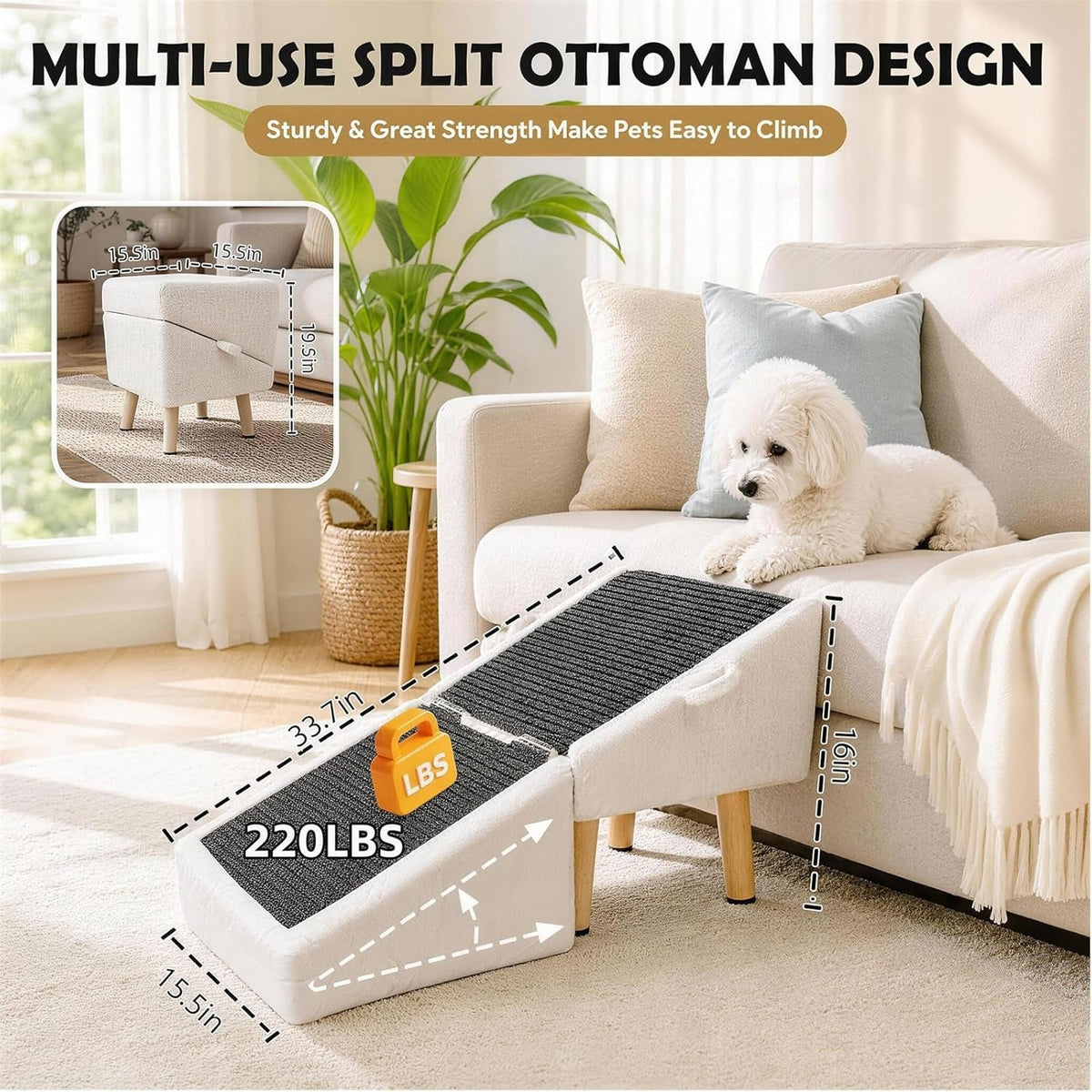16" Foldable Dog Ramp Ottoman – Non-Slip, 220-lb Capacity
