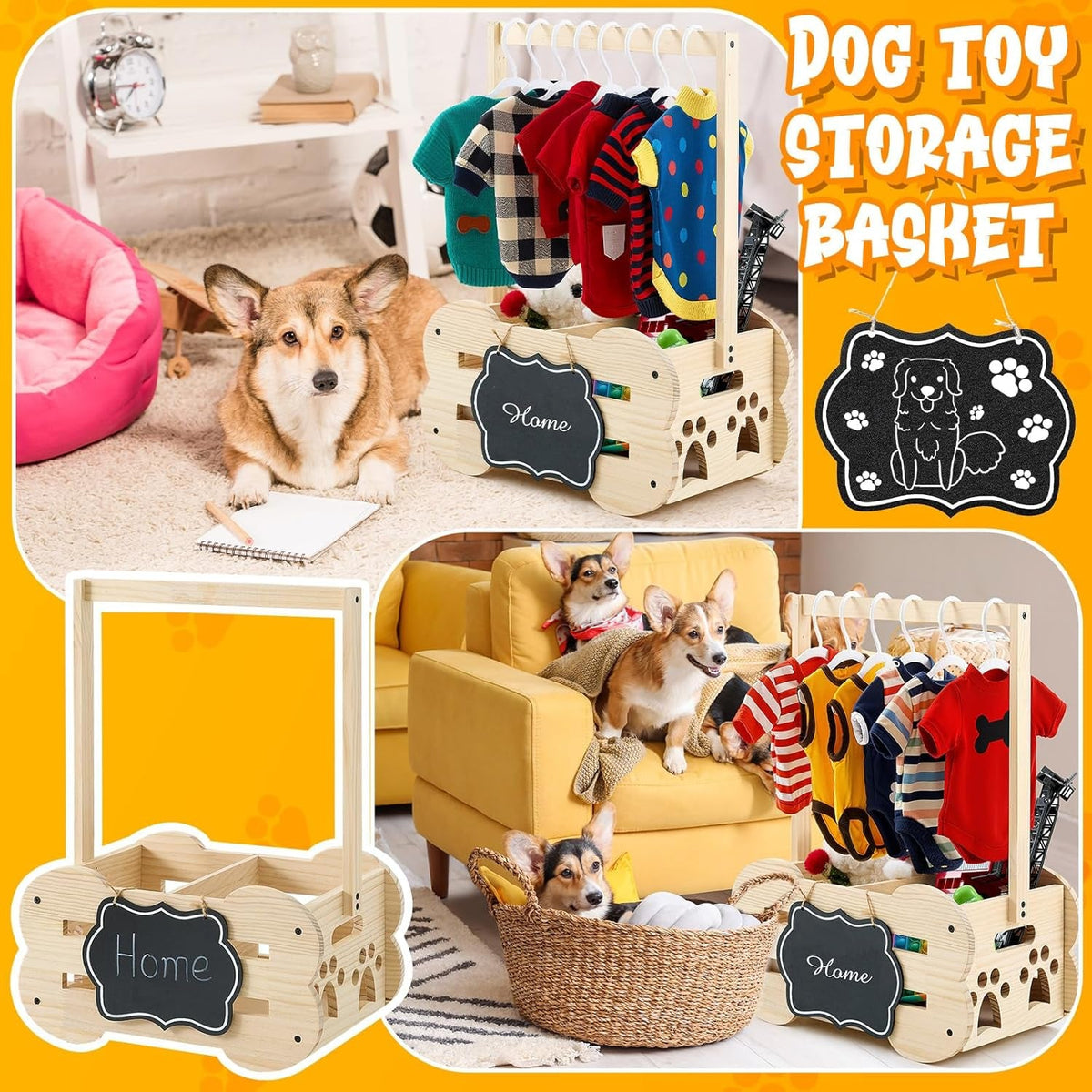 Wooden Dog Storage Organizer with Clothes Rack, 20 in