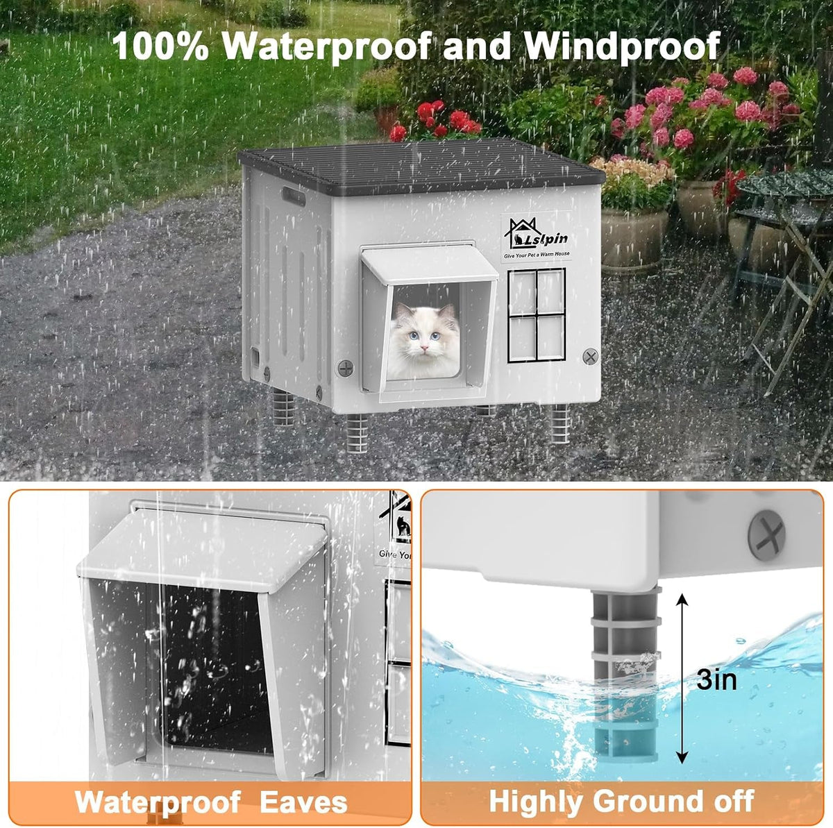 Waterproof plastic cat house with eaves and 3 in raised floor