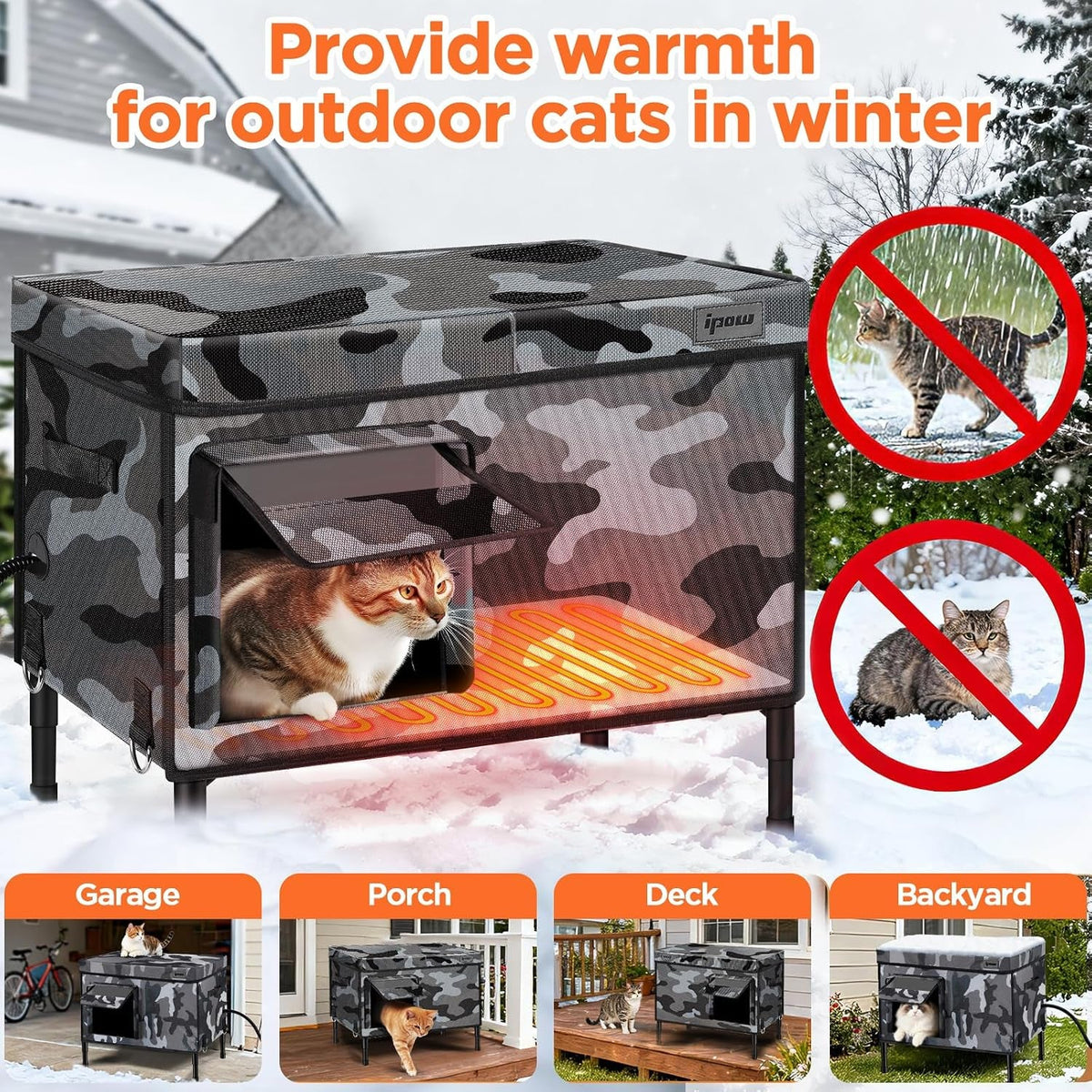 Heated cat house used in garage, porch, deck and backyard