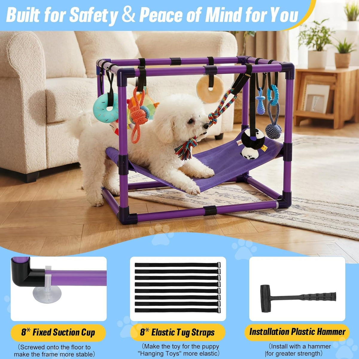 Indoor Puppy Play Gym with Hammock and 8 Toys