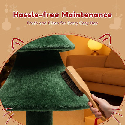 Brushing the plush surface of the Christmas cat tree