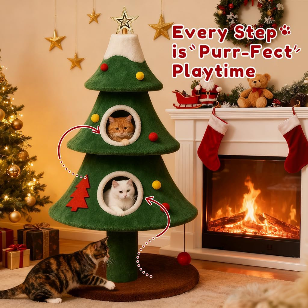 Cats playing in Christmas tree cat tower condos by a fireplace