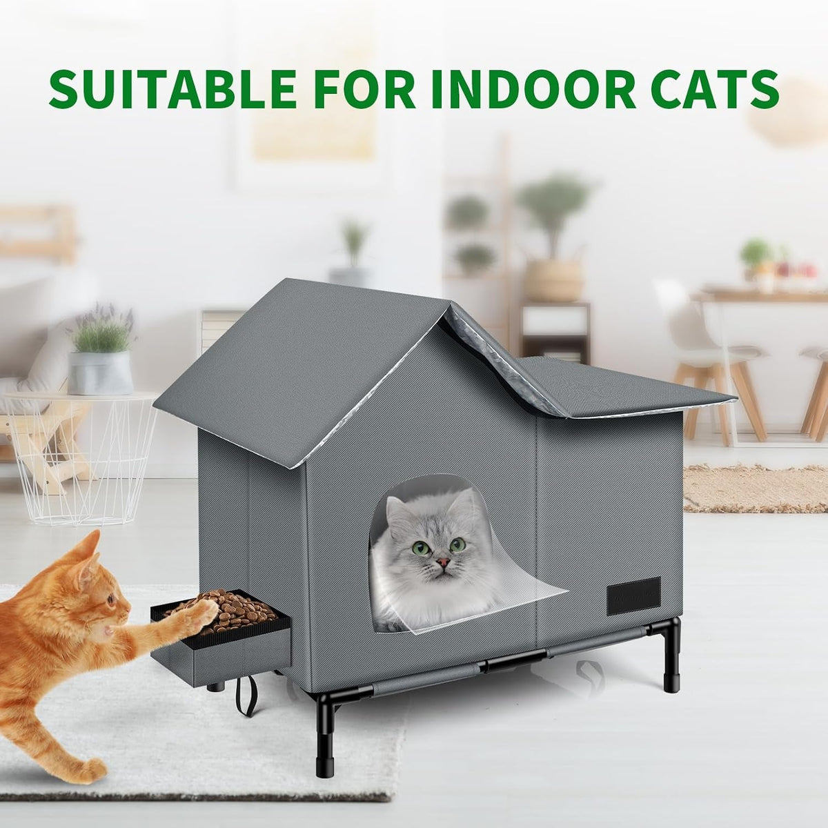 Insulated cat shelter used indoors