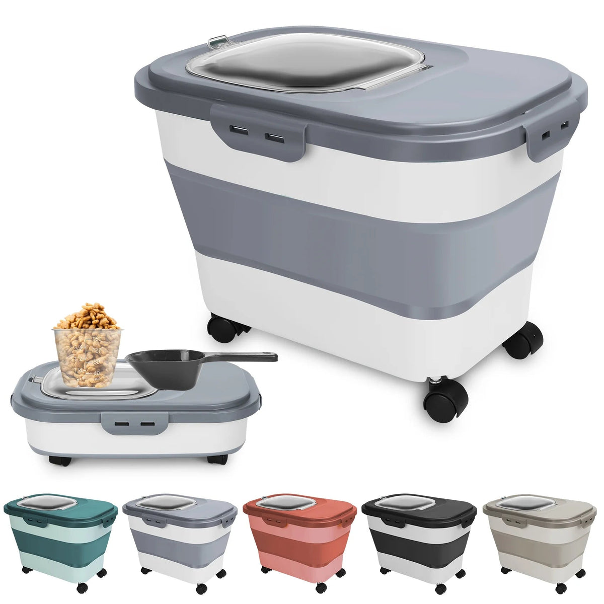Collapsible Pet Food Container with Wheels, Up to 20 lb, Gray