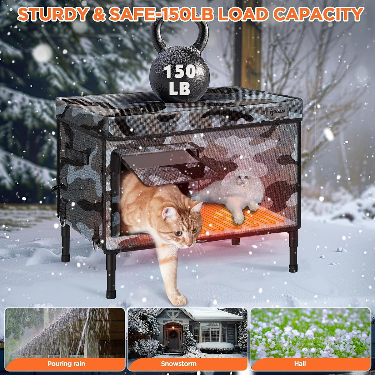 Raised waterproof cat house in rain, snow and hail