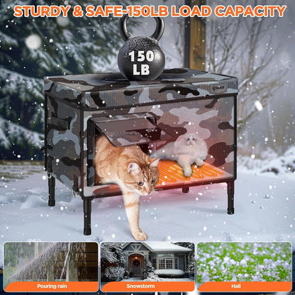 Raised waterproof cat house in rain, snow and hail