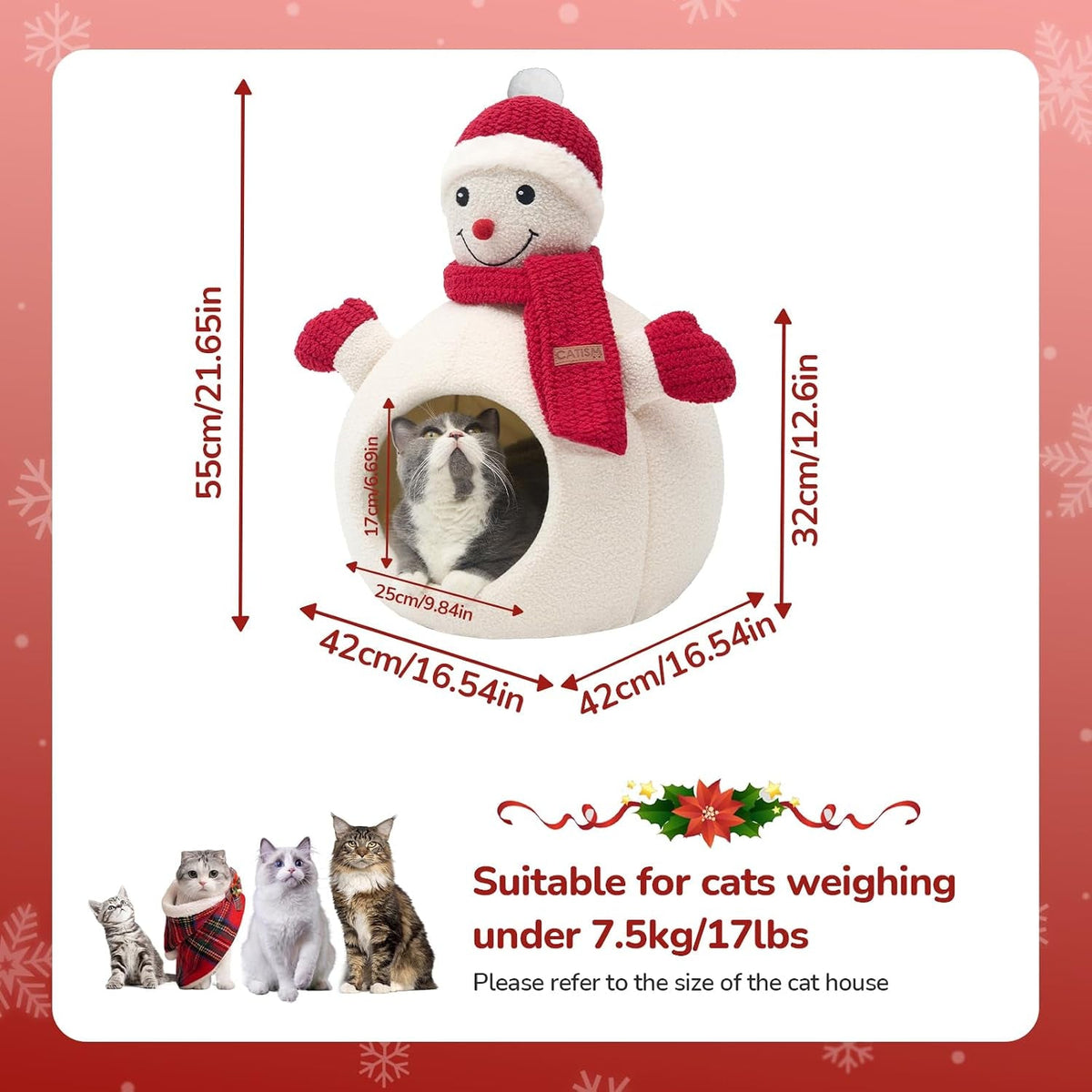Snowman cat bed dimensions, 16.54 x 16.54 x 21.65 in