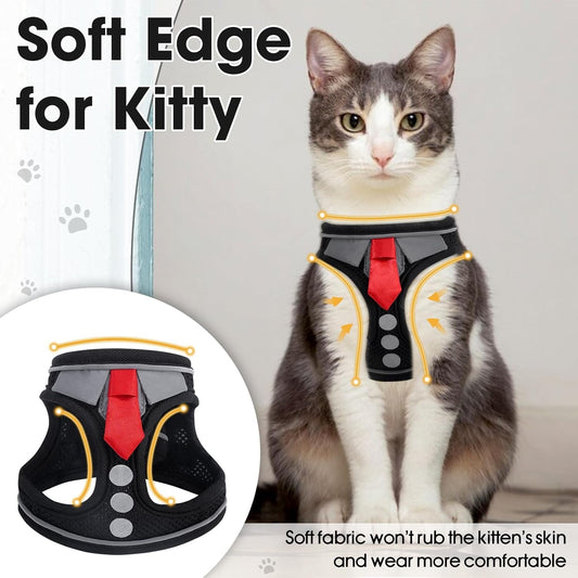 Cat wearing black mesh harness with red tie and soft edges