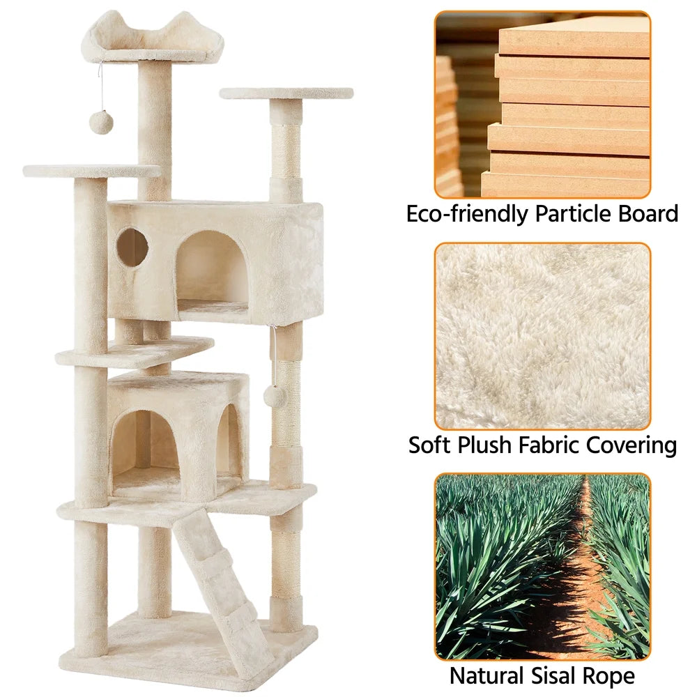 70 in Double Condo Cat Tree with Scratching Posts, Cream