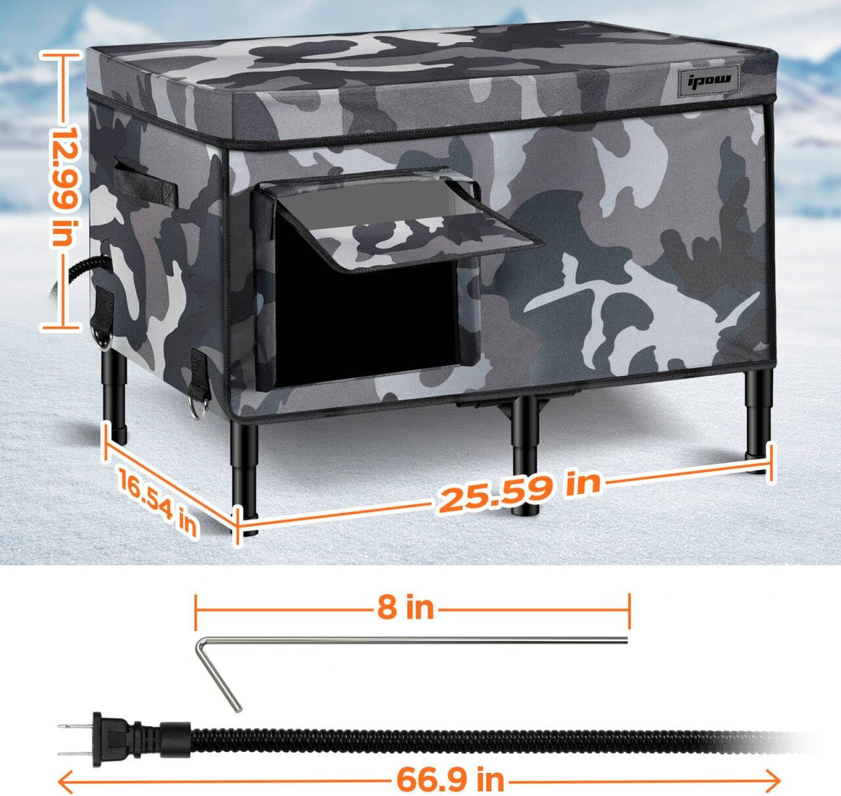 Dimension diagram of heated cat house with ground stake and power cord