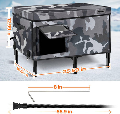 Dimension diagram of heated cat house with ground stake and power cord