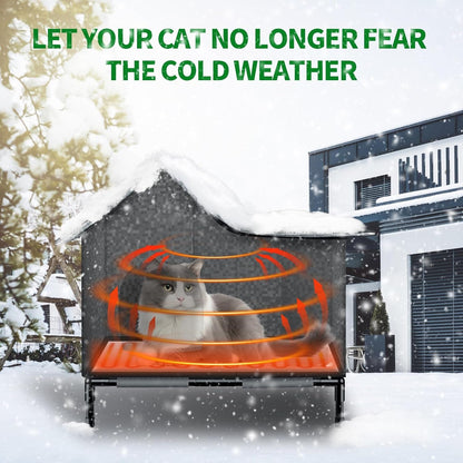 Heated cat shelter outdoors in the snow