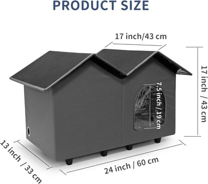Dimension diagram of gray double-roof heated cat house