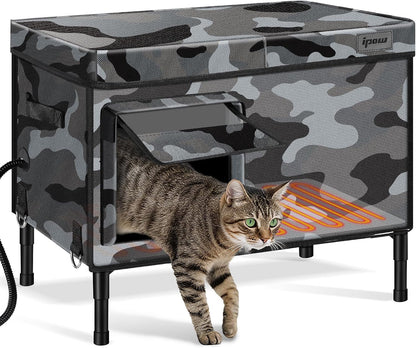 Waterproof heated outdoor cat house in gray camo with cat at entrance