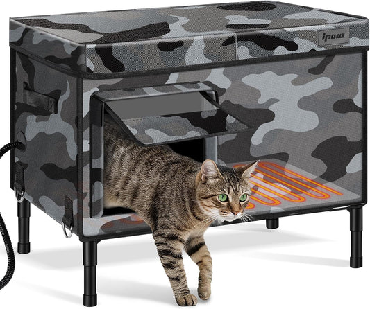 Waterproof heated outdoor cat house in gray camo with cat at entrance