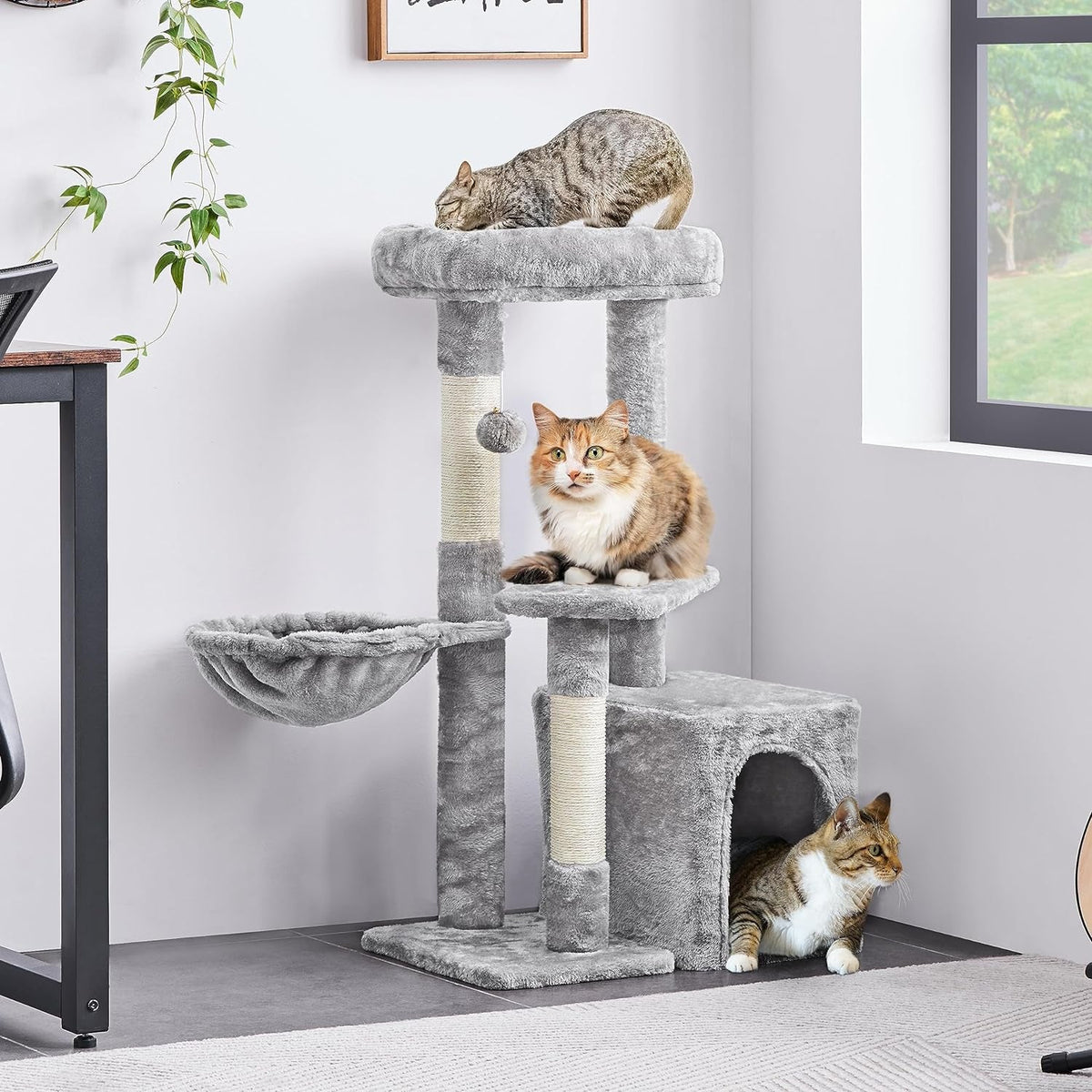 Plush Cat Tower with Condo, Basket and 3 Scratching Posts
