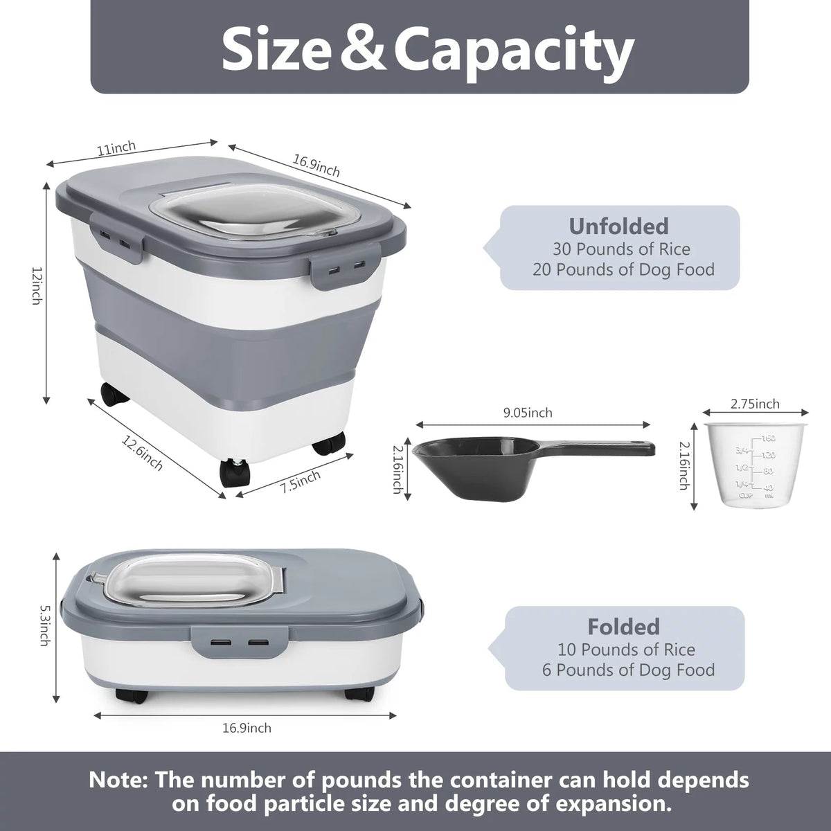 Collapsible Pet Food Container with Wheels, Up to 20 lb, Gray