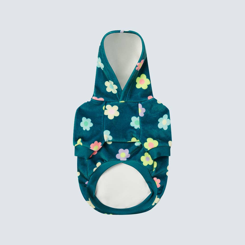 Green daisy print dog hoodie with fleece lining - view 2