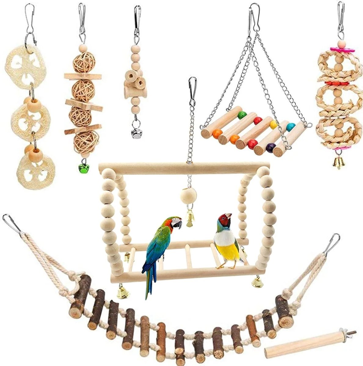 Bird Cage Toy Set, 8 Pack of Climbing and Chew Toys