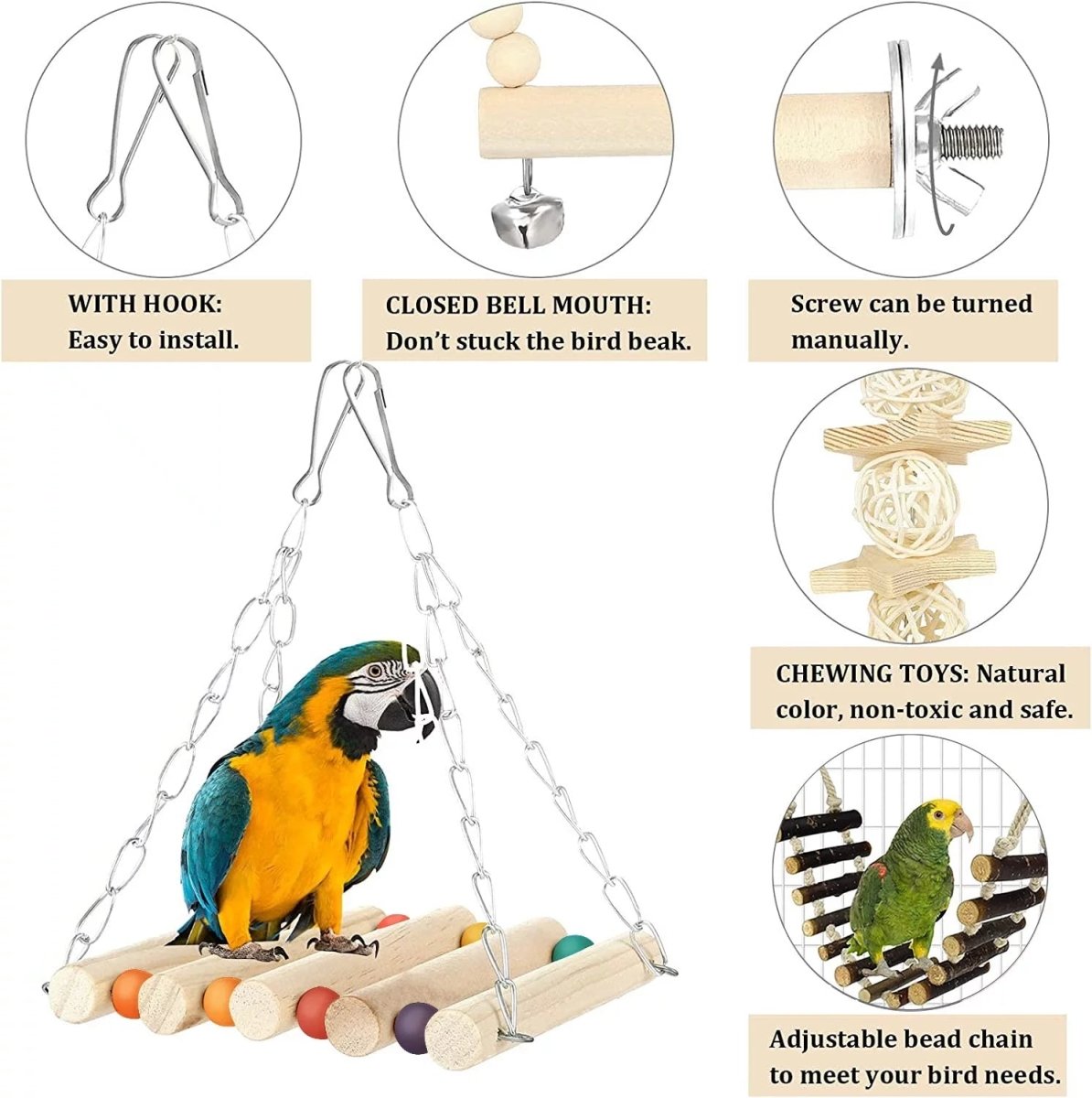 Bird Cage Toy Set, 8 Pack of Climbing and Chew Toys