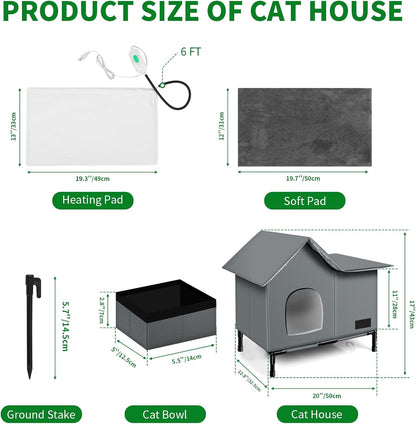 Size chart for cat shelter, heating pad, soft pad, bowl and ground stake