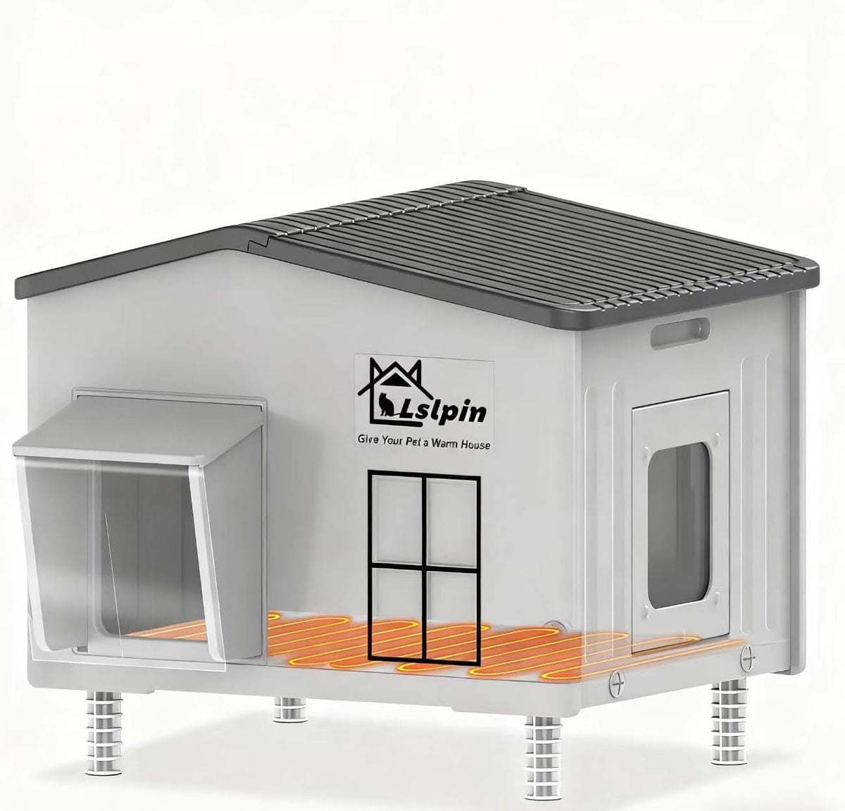 Hard-shell plastic heated cat house, side view with window