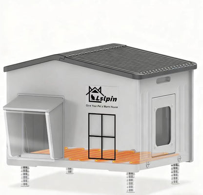 Hard-shell plastic heated cat house, side view with window