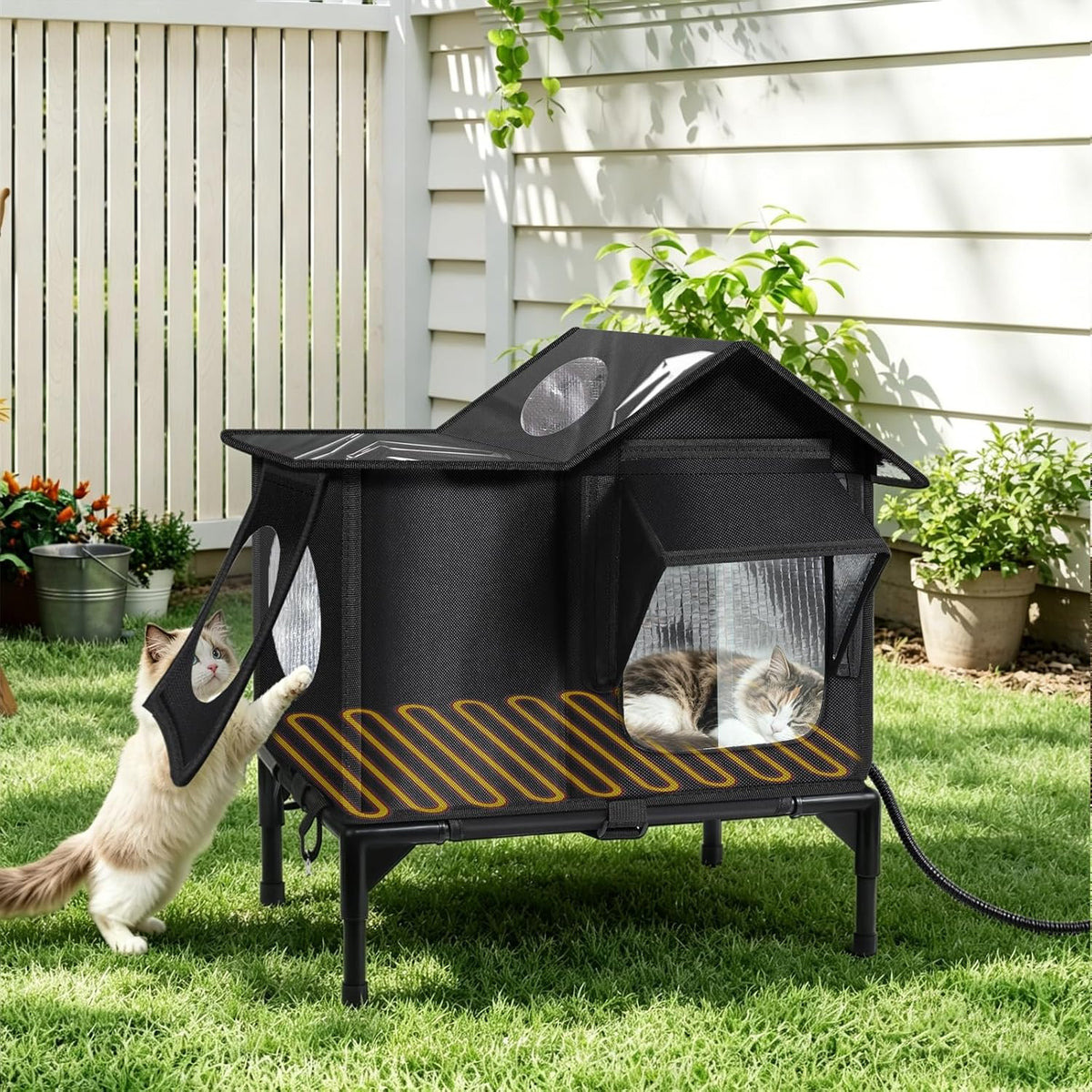 Cat stepping into heated cat house through side escape door flap