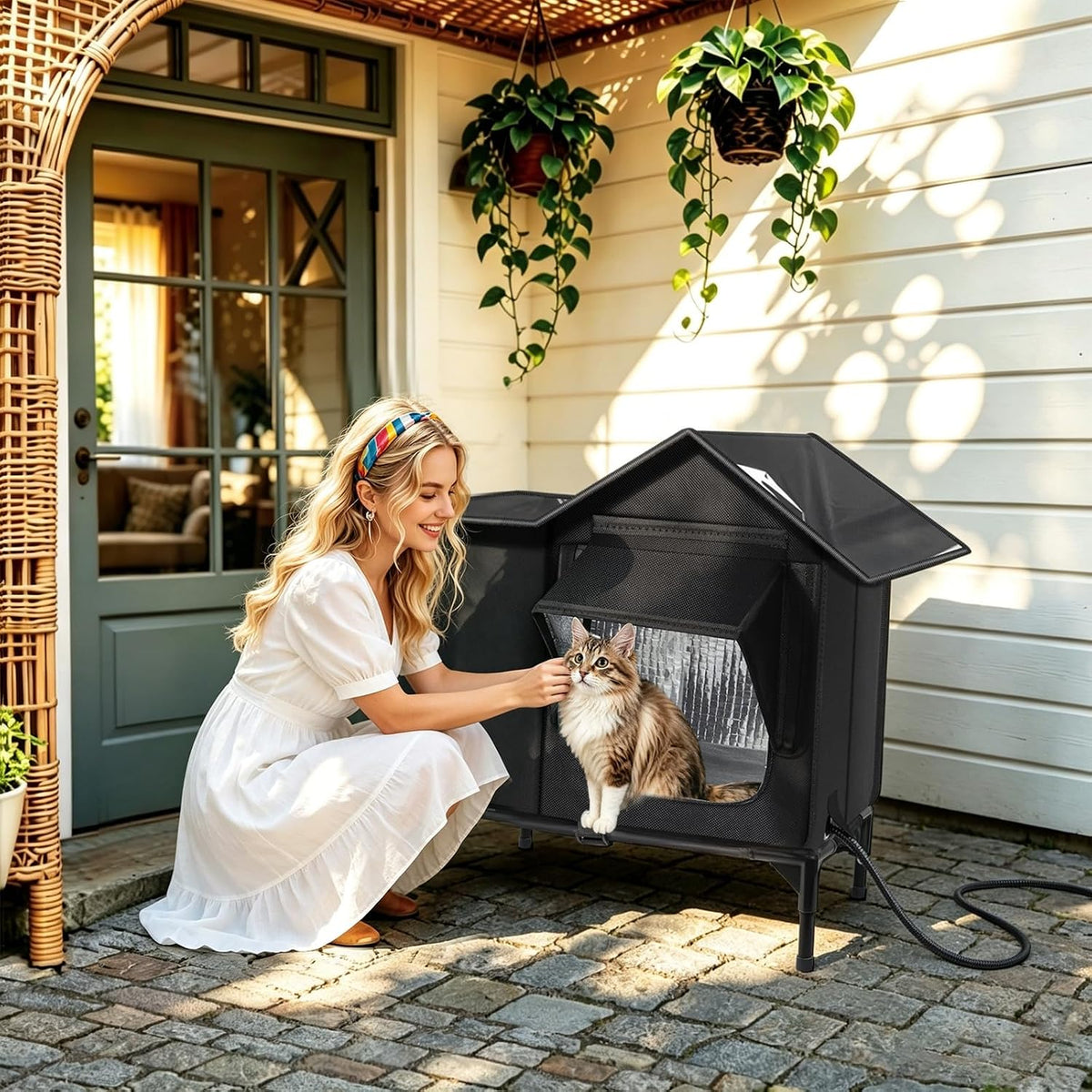 Woman checking on a cat inside heated outdoor cat house