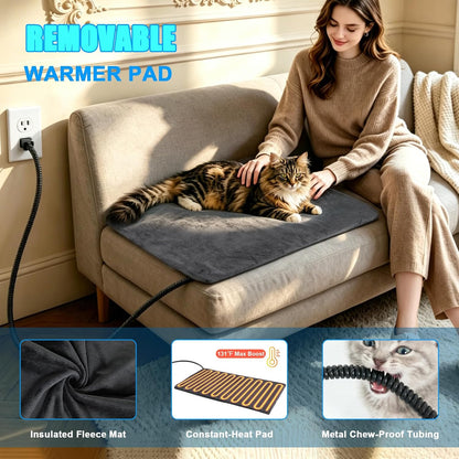 Removable warming pad with fleece mat and chew-resistant metal cord cover