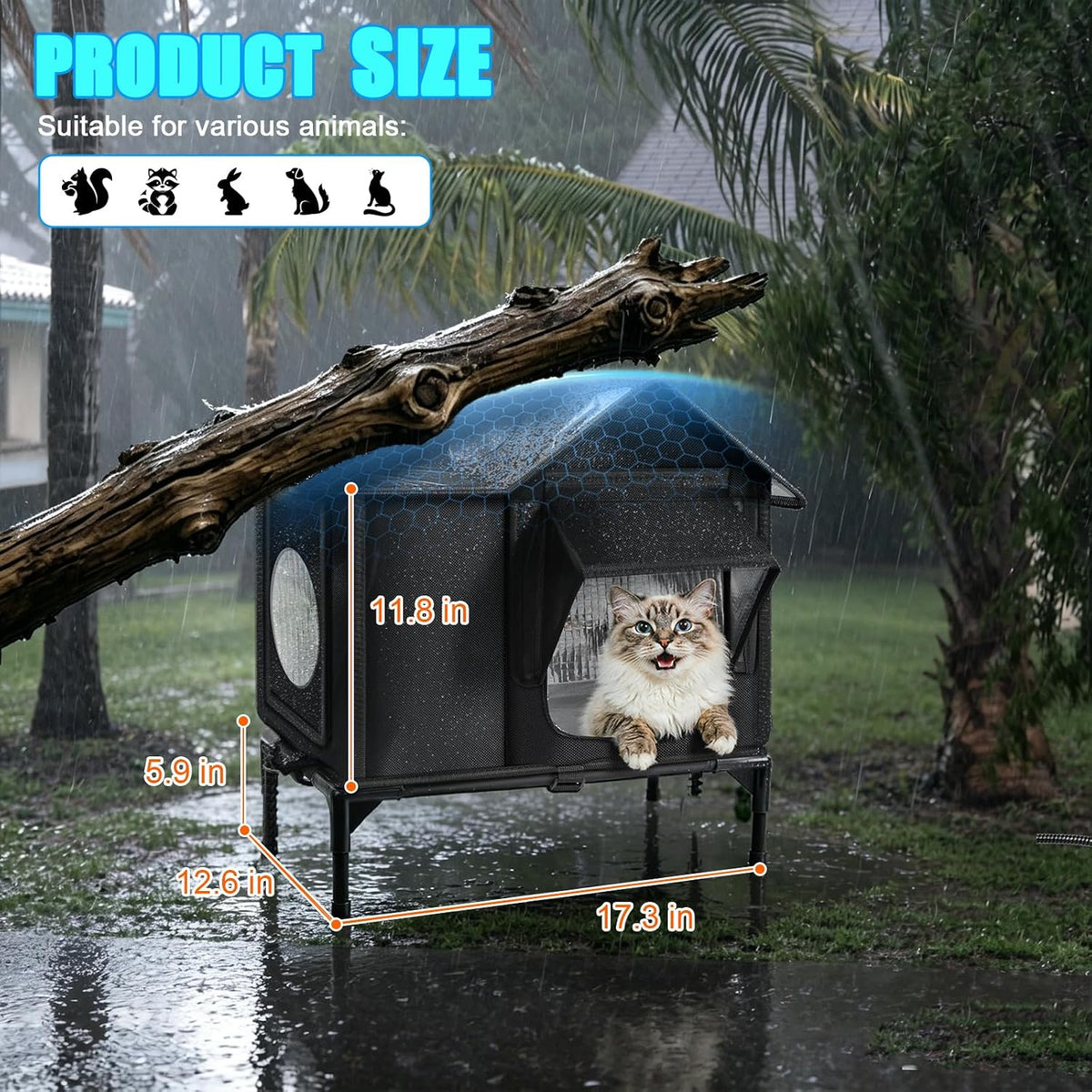 Size diagram of heated outdoor cat house with raised 5.9 in base
