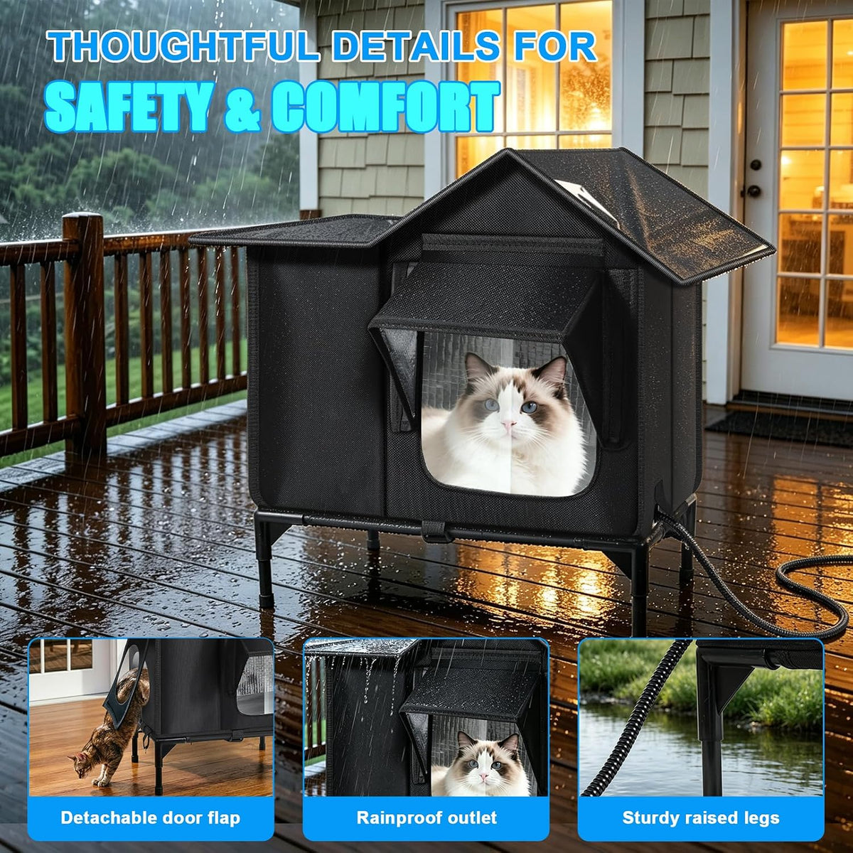 Heated outdoor cat house with escape door on a covered porch, cat inside